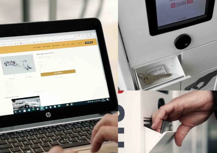 Customer accessing self-service rental system on a laptop and opening a smart locker with mobile access
