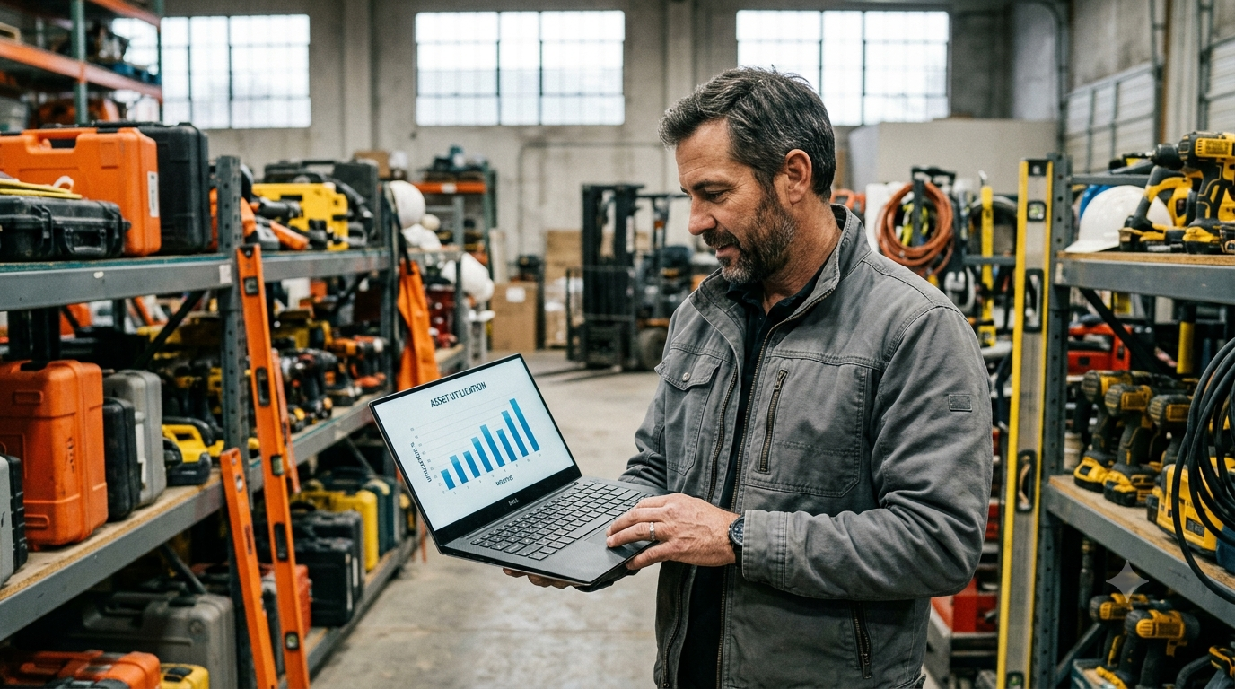 Rental operator reviewing utilization and cost figures on a laptop in a warehouse full of equipment