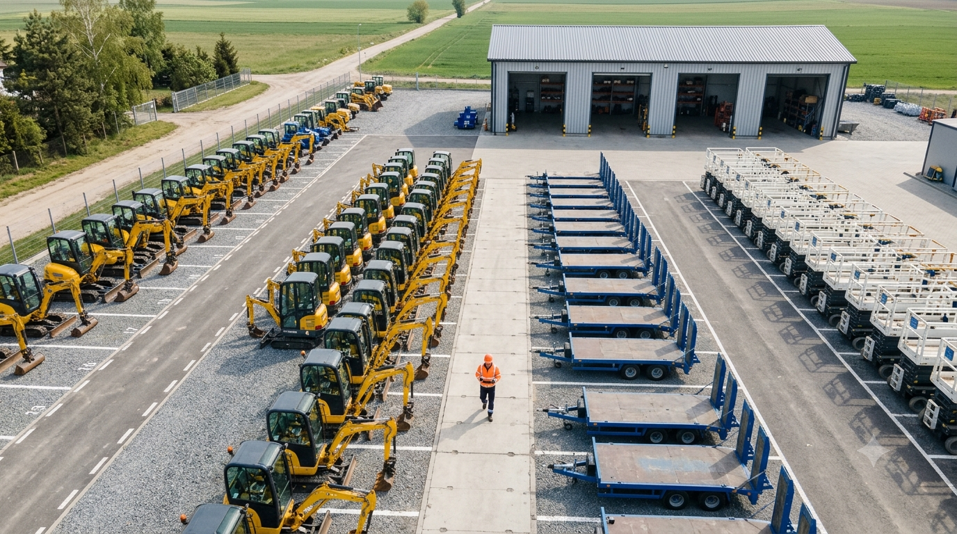 Organised equipment rental yard from above with trailers, scissor lifts and mini excavators