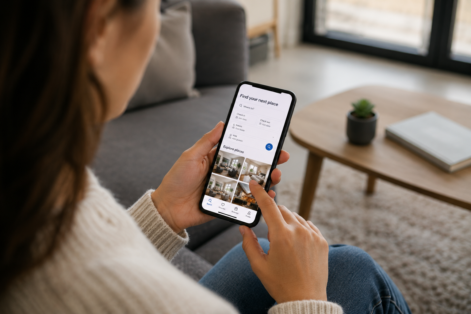 Person booking a rental app on smartphone.