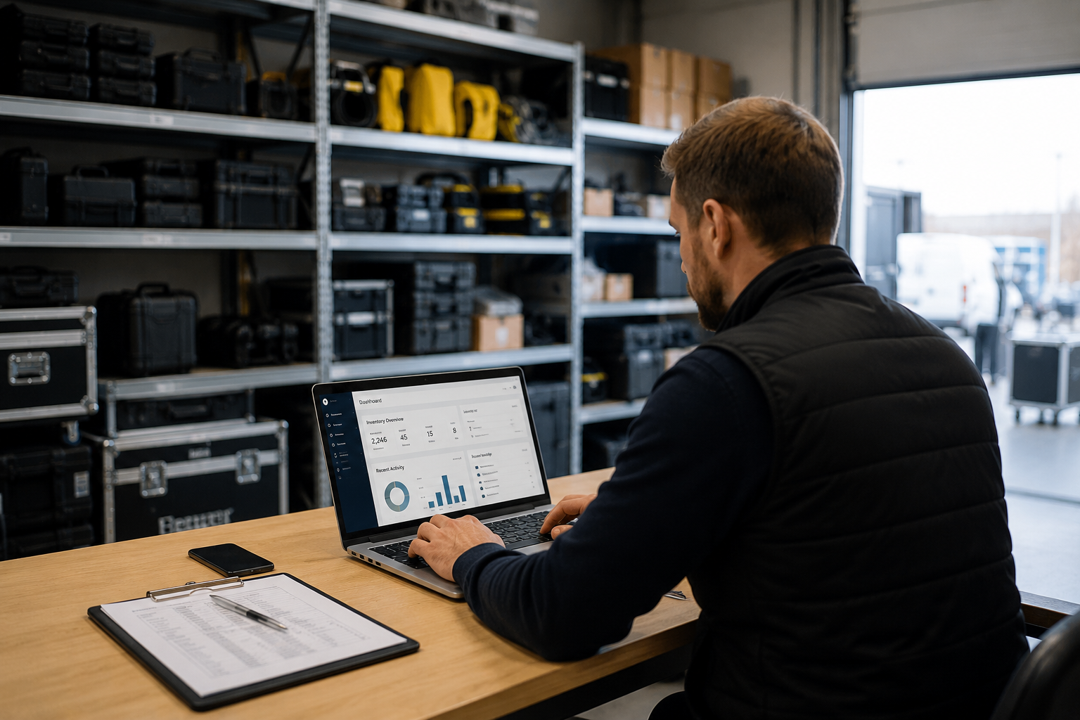 Person using inventory management software in a rental warehouse