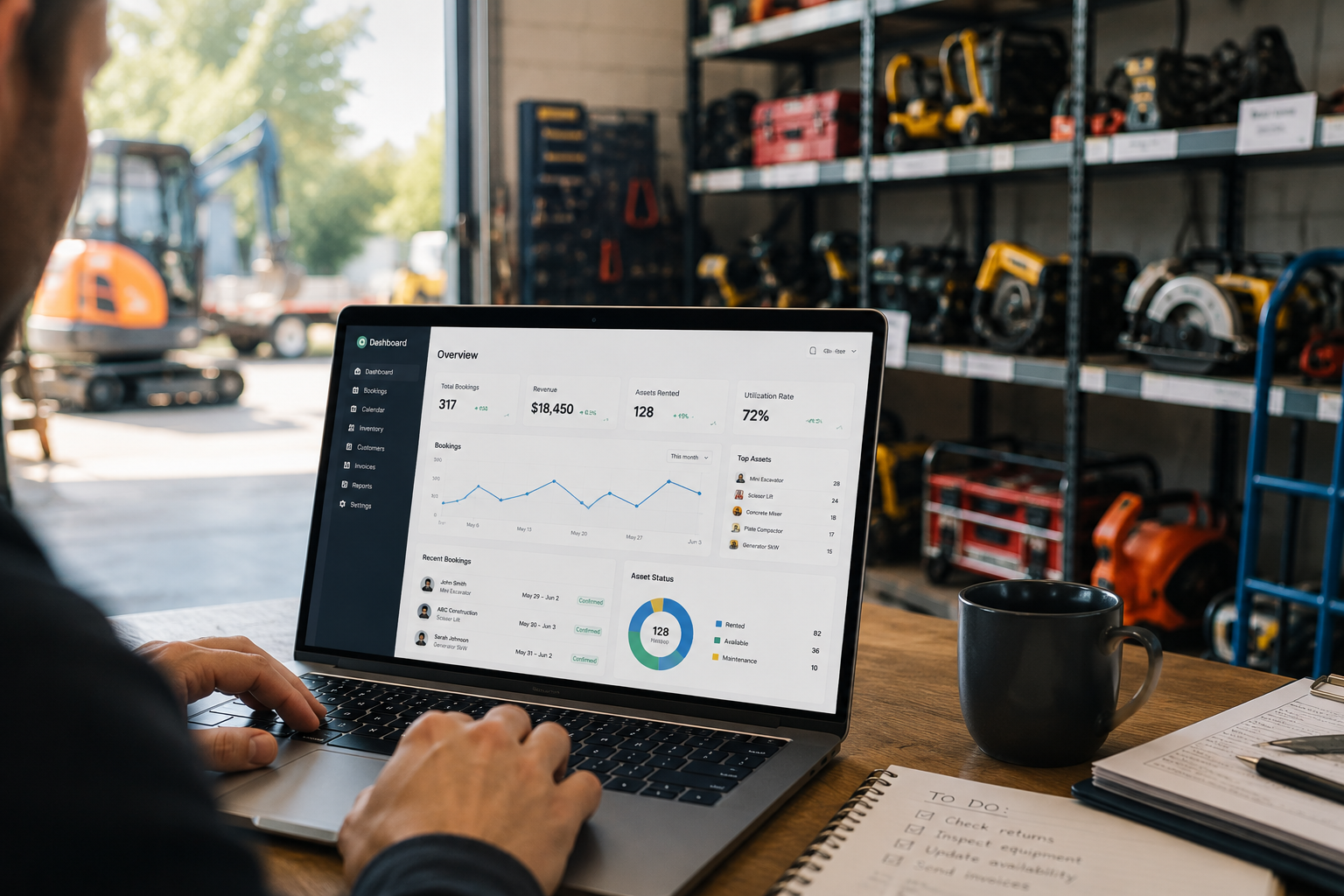 Rental Management Software Dashboard in Equipment Rental Warehouse
