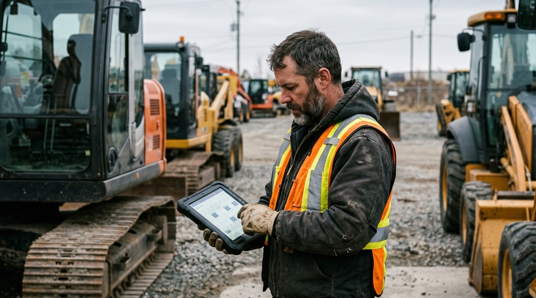 Rental yard manager checking equipment availability on a tablet next to parked machinery