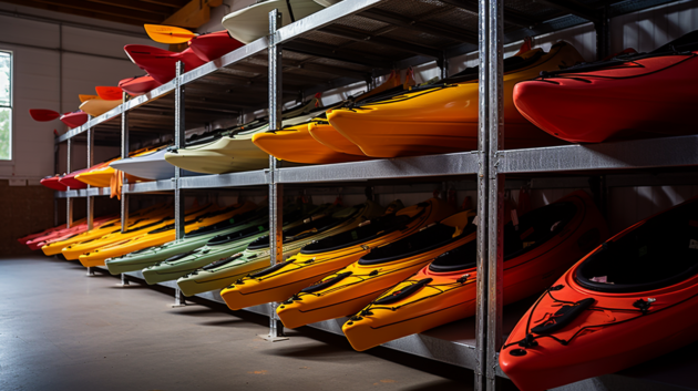 Kayaks on storage shelves ready for rental