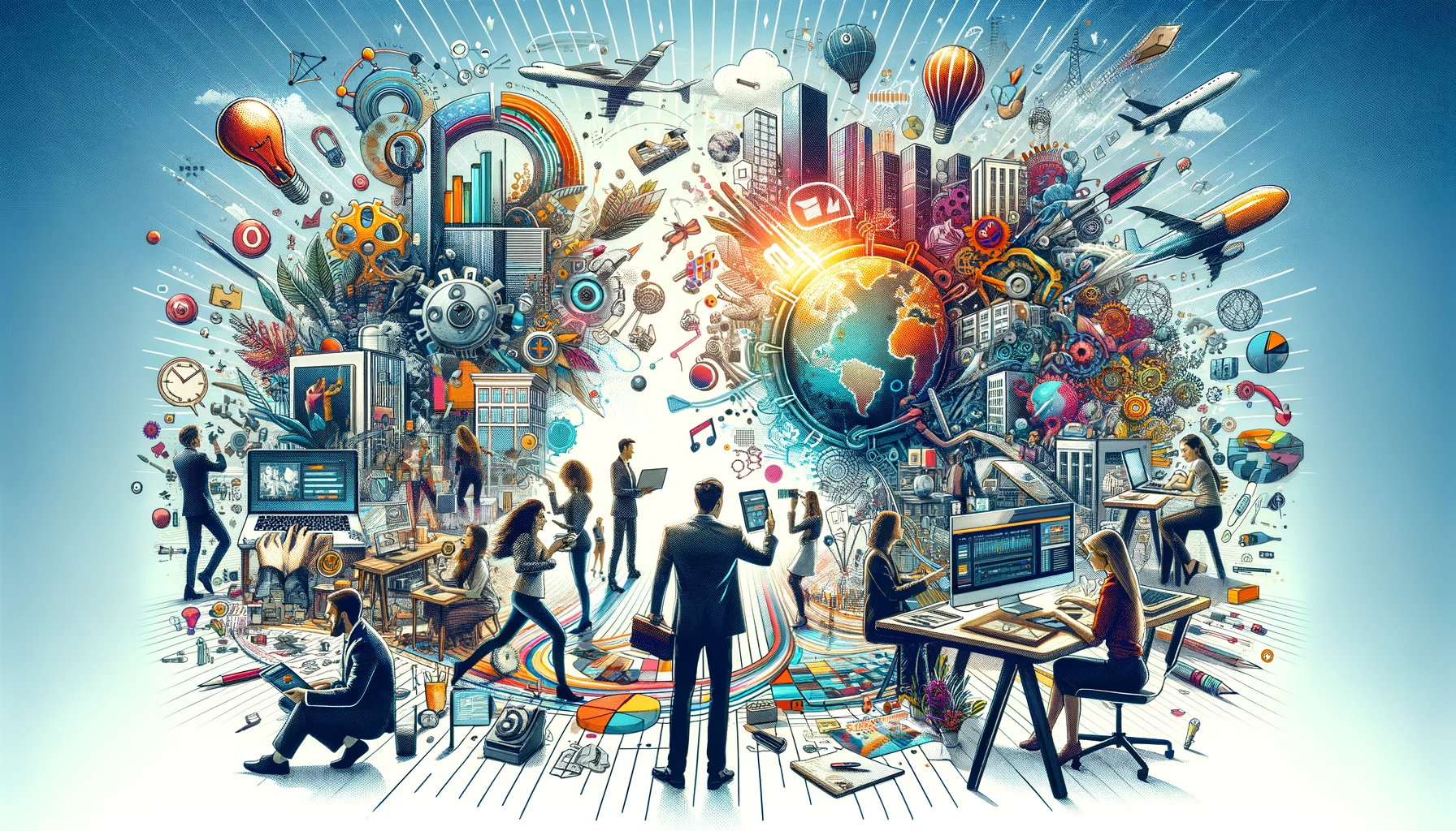 The featured image for the article, designed with a 16:9 aspect ratio and without any words, is ready and available for use. This image visually represents the diverse and dynamic nature of business ideas for 2024, appealing to aspiring entrepreneurs and business professionals.