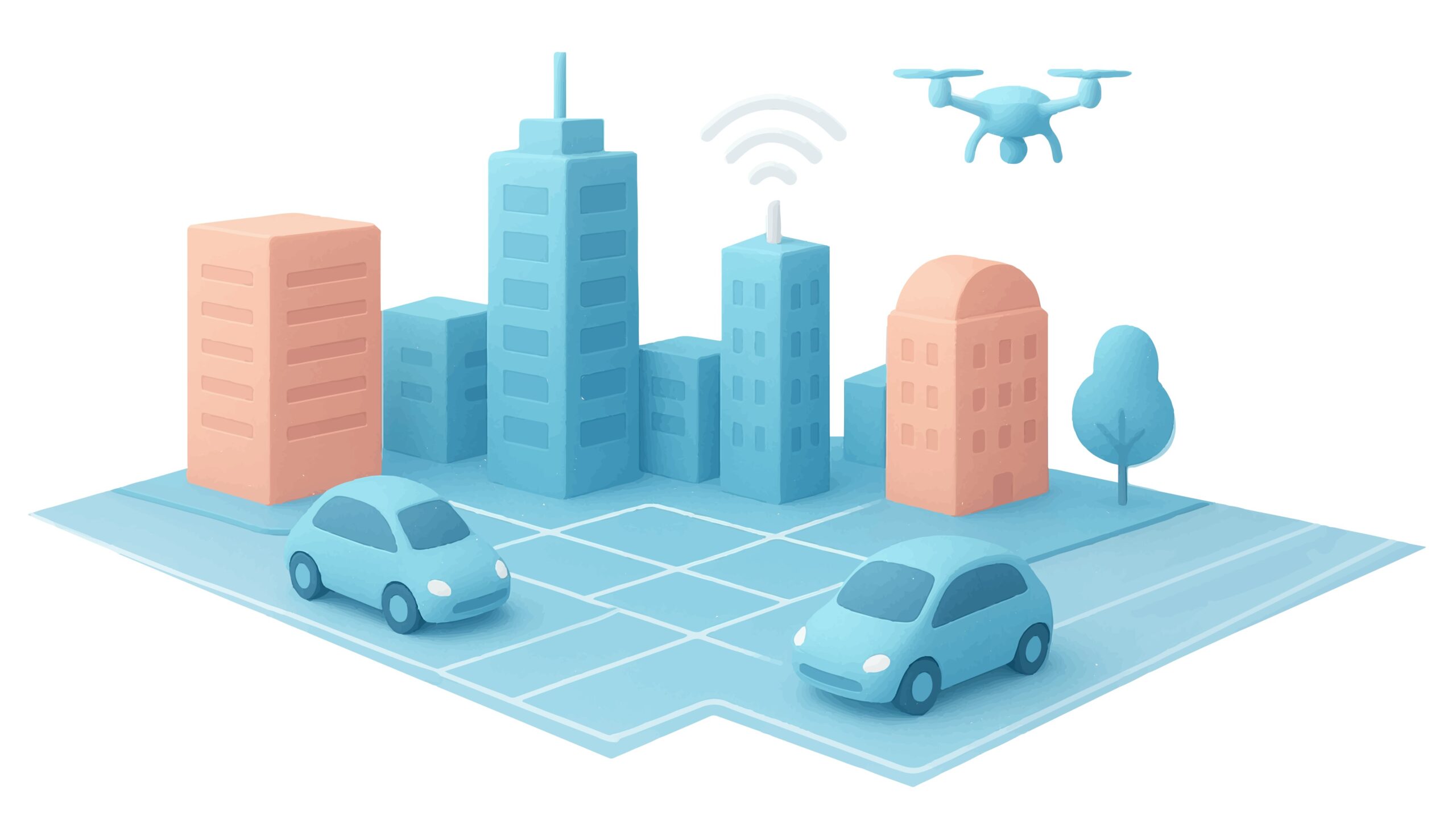 Isometric 3D illustration of a blue and orange smart city