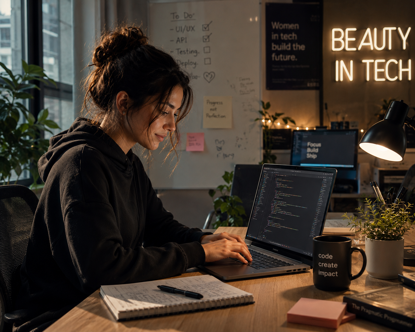 Woman illustrating beauty tech while coding