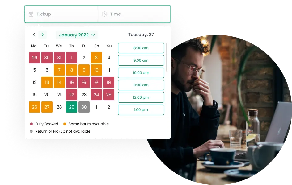 Calendar with booking status and time slots.