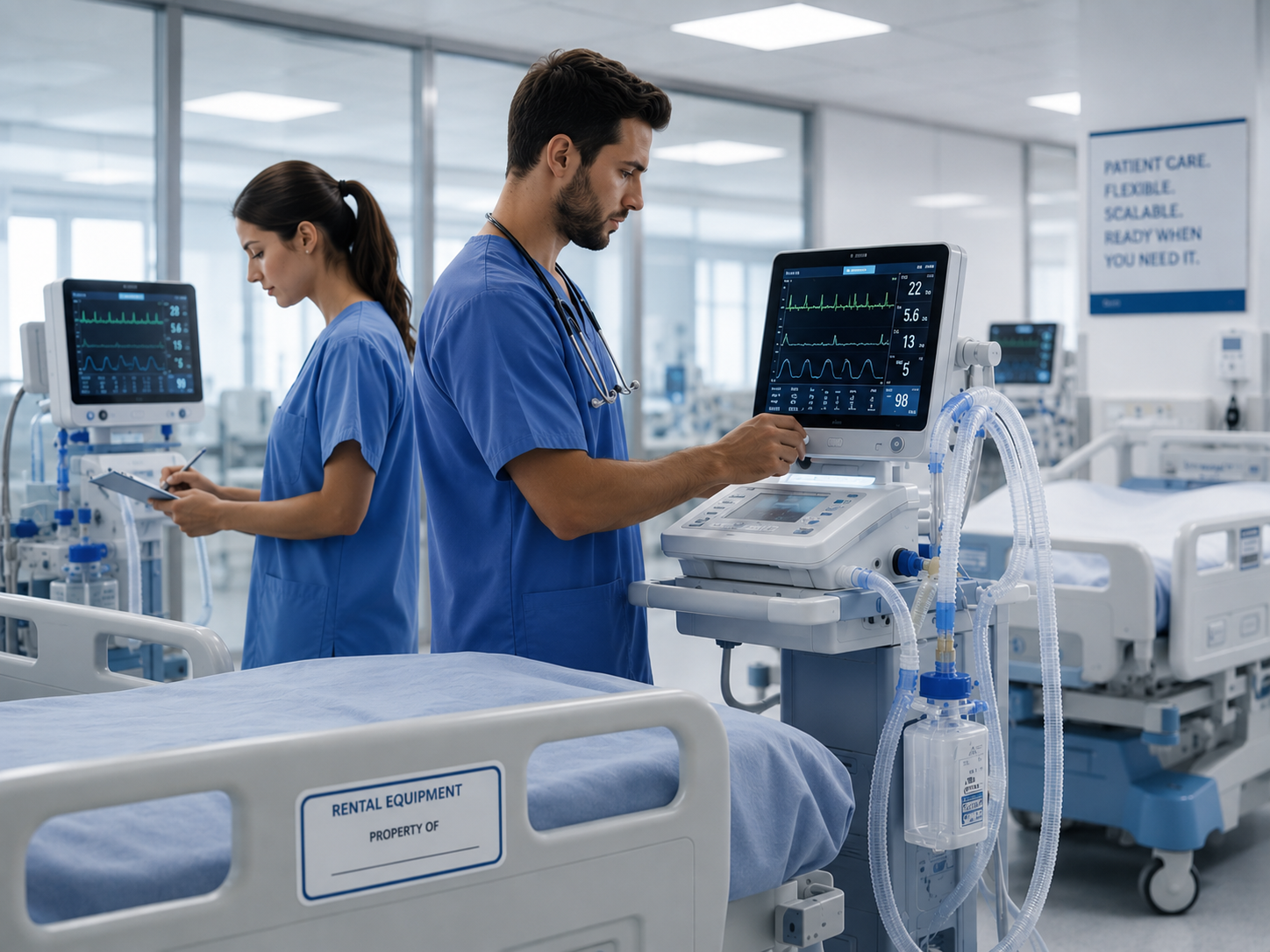 Clinicians in an ICU monitoring a patient using rental medical equipment, with a