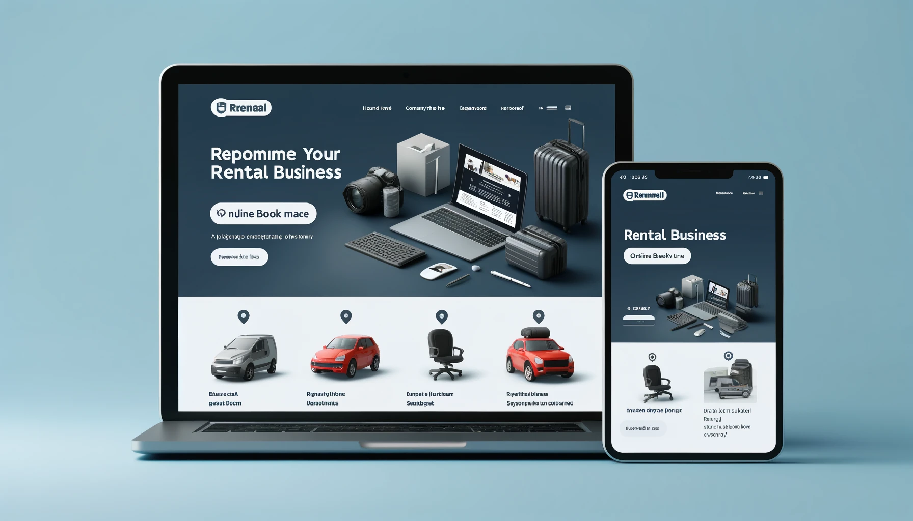Responsive rental business website displayed on a laptop and mobile devices