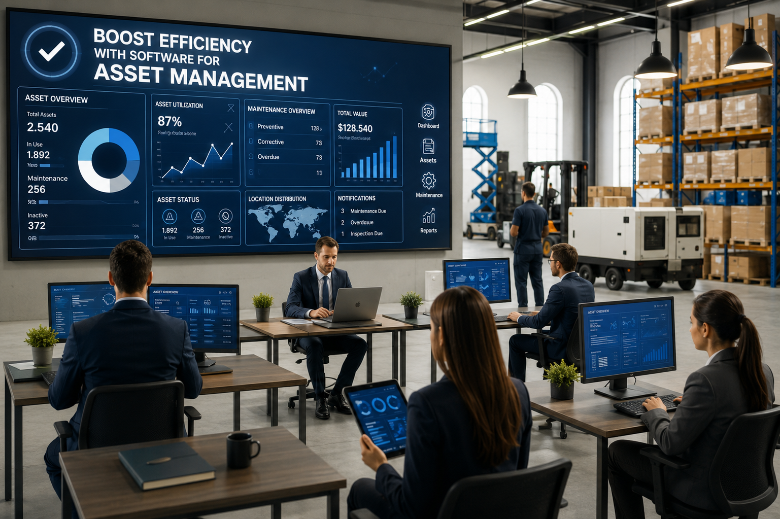 Asset management software dashboard in a warehouse office.
