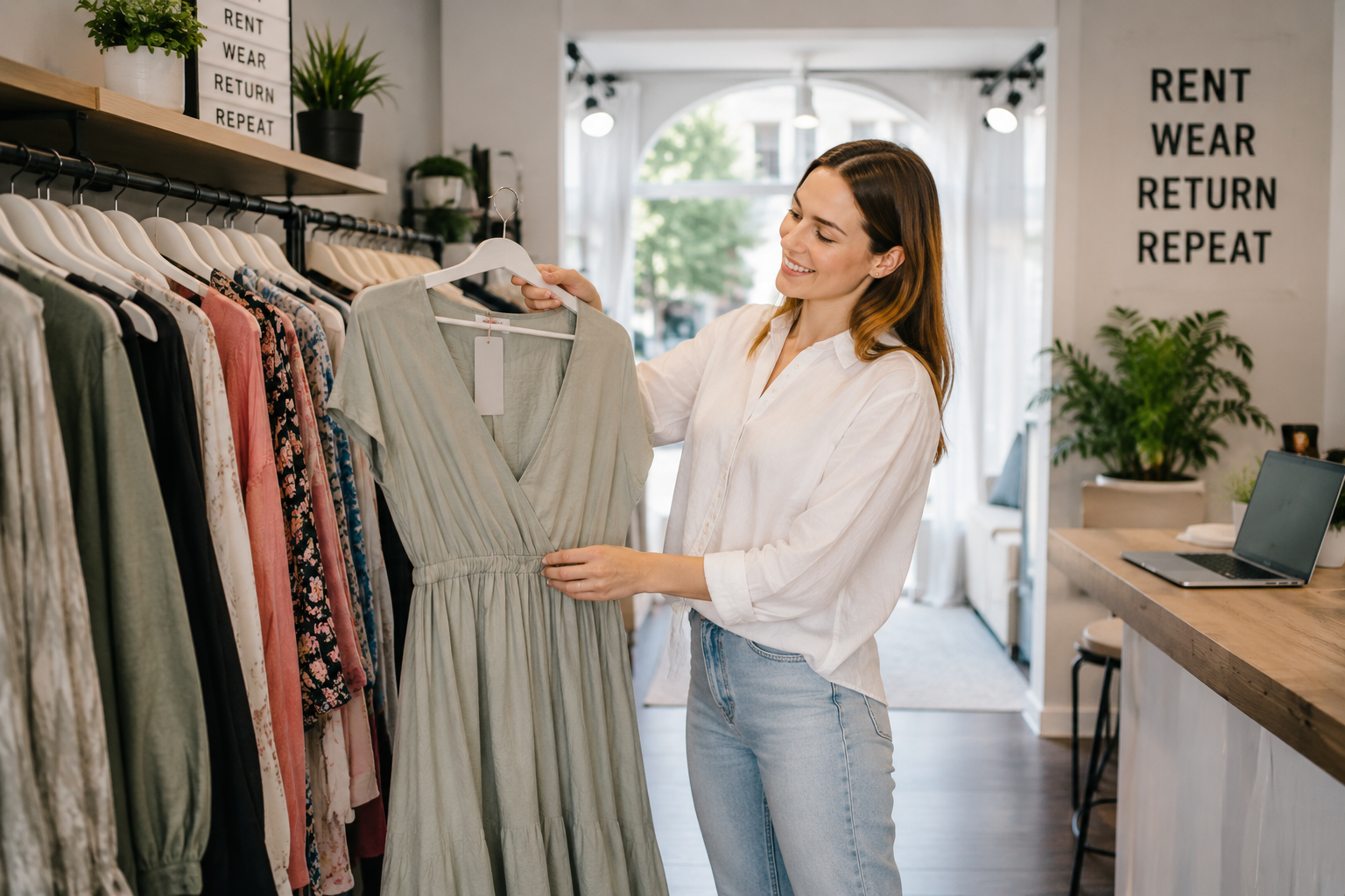 Customer browsing dresses in a modern clothing rental boutique.