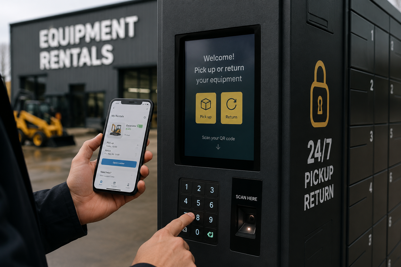 Customer using a self-service rental kiosk and mobile app to pick up equipment without staff assistance.