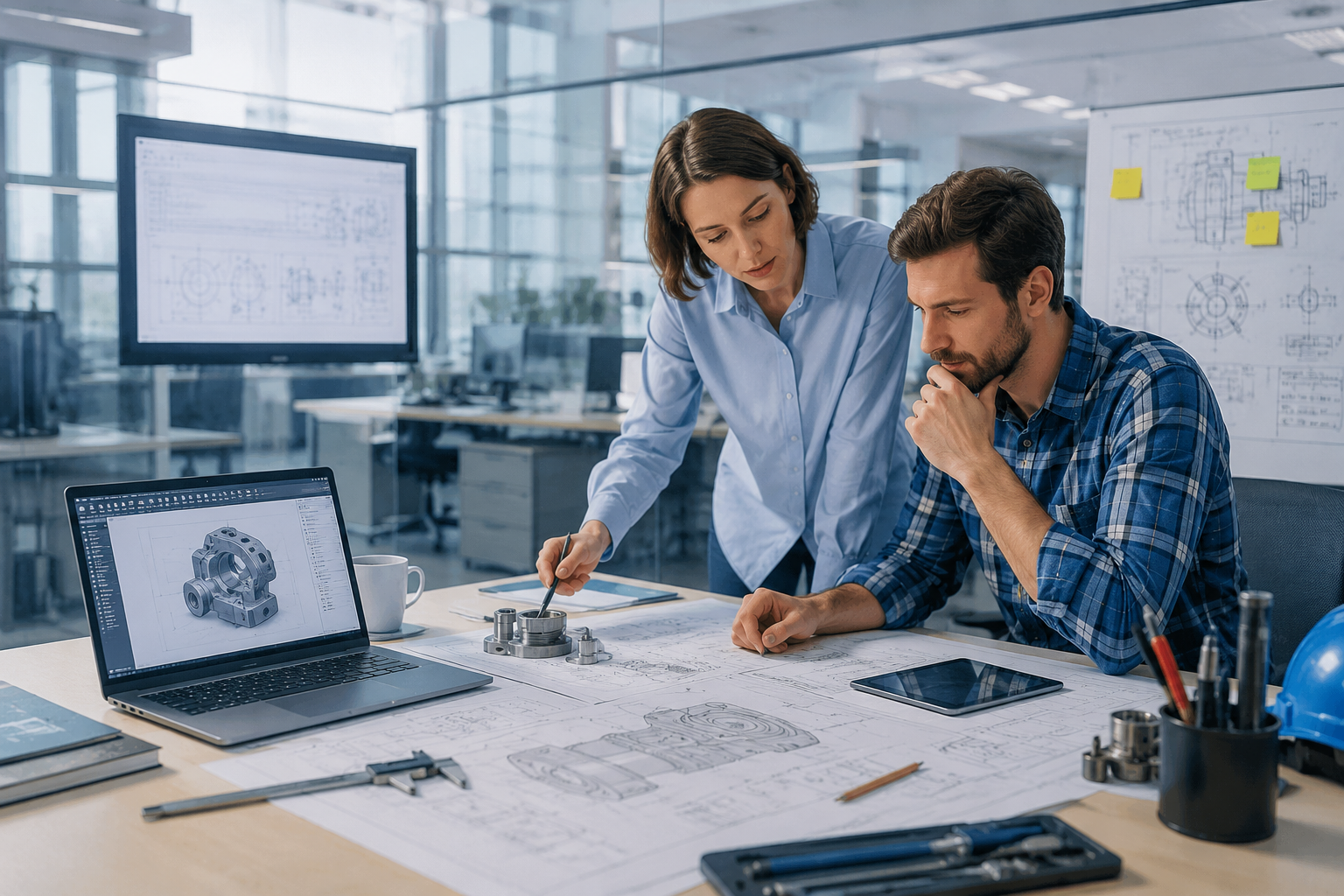 Engineering managers reviewing technical drawings