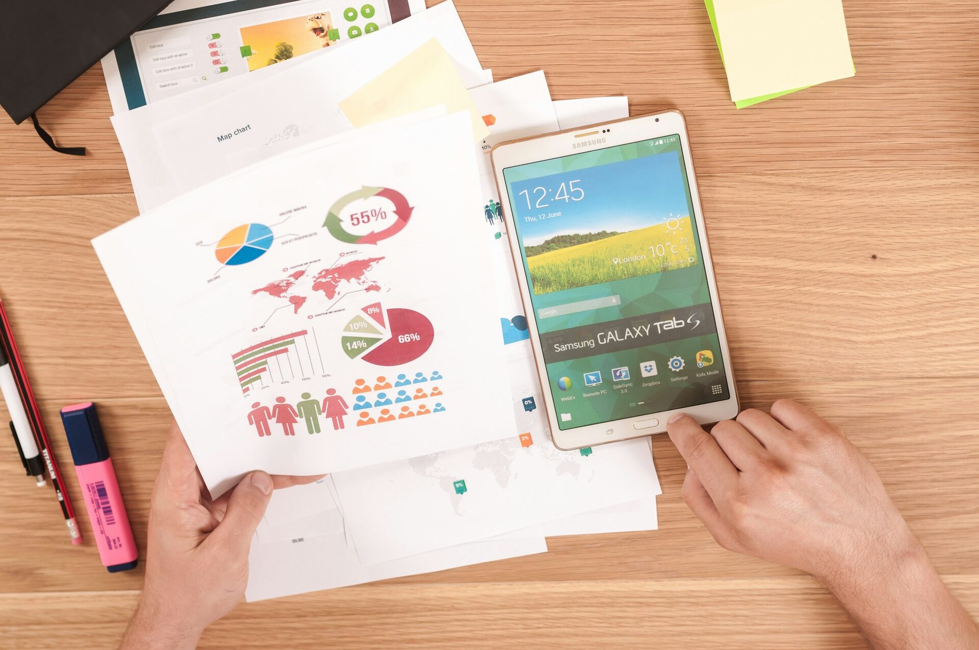 Business charts and tablet on desk