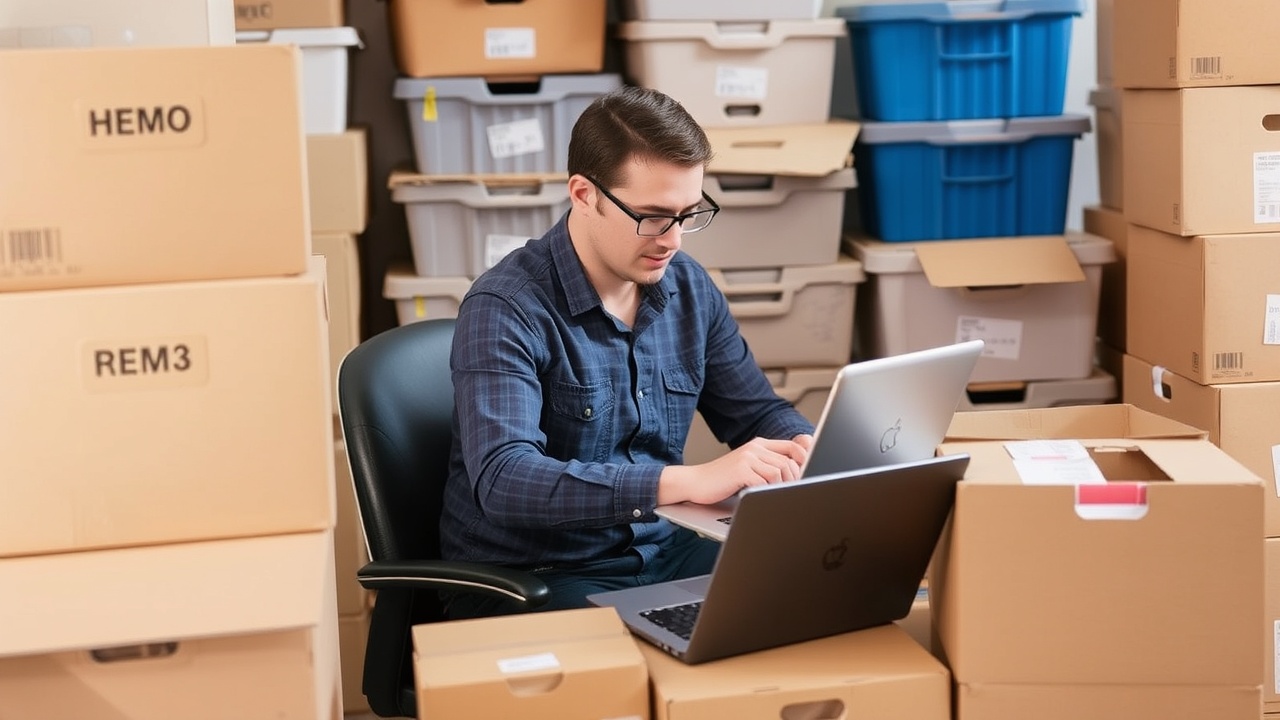 Man working on laptop in storage room