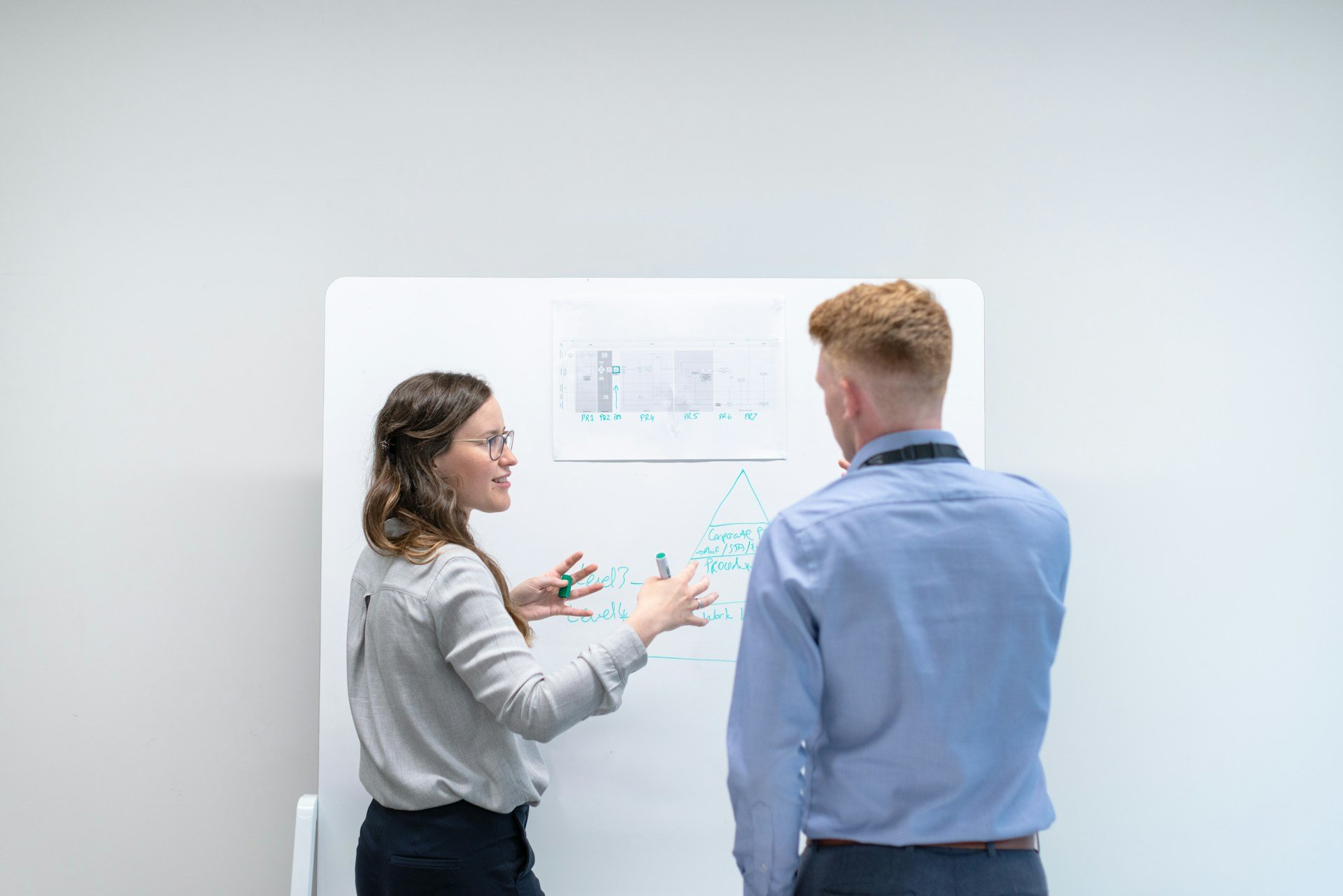 Businesswoman and man collaborating on a whiteboard in an office meeting