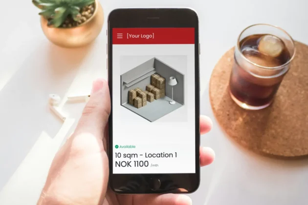 Mobile self storage booking app showing available storage unit with size, location, and monthly price