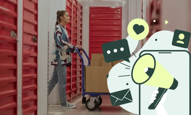 Self storage customer moving boxes on a cart inside a storage facility with marketing and communication icons overlay