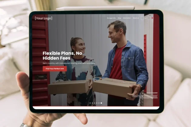 Self storage website displayed on a tablet showing flexible storage plans with no hidden fees and customers holding storage boxes