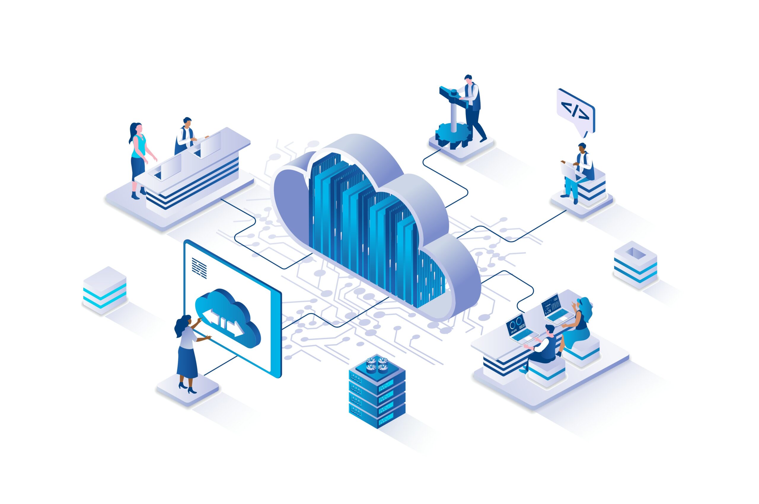 Isometric illustration of cloud computing network and data management.
