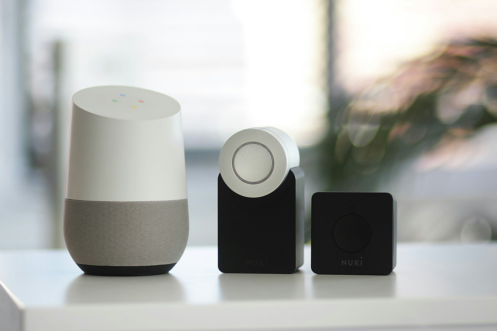 Smart home devices including a home speaker and smart locks.