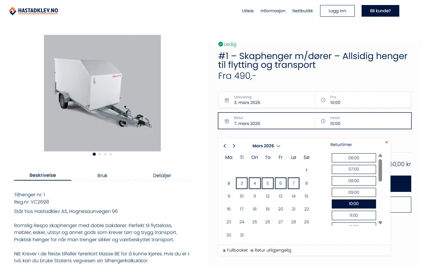 Hastadklev - online booking trailer rental