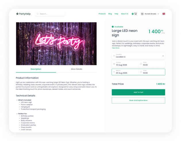 Party supply rental software product page