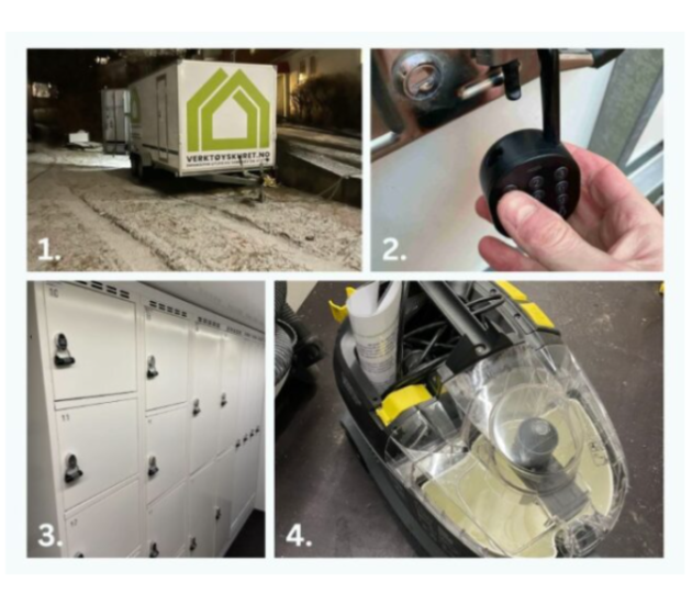 Verkt&oslash;yskuret self-service tool rental trailer, smart lock keypad, storage lockers, and rental equipment