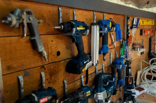 Wall of power tools for rent