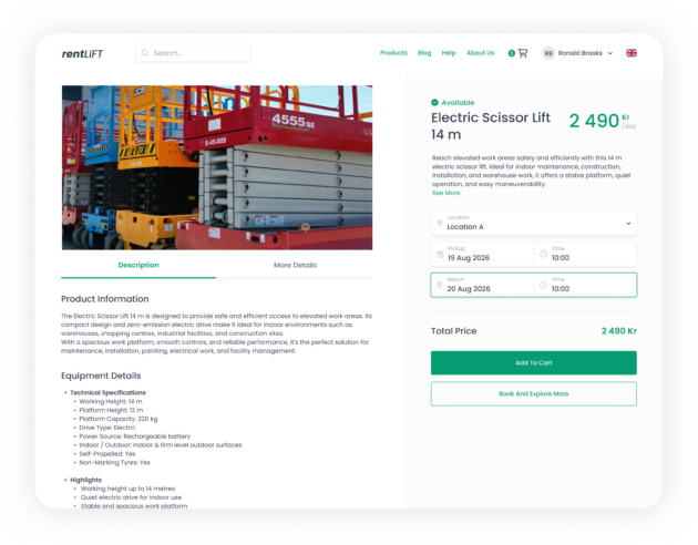 Outdoor gear rental software product page